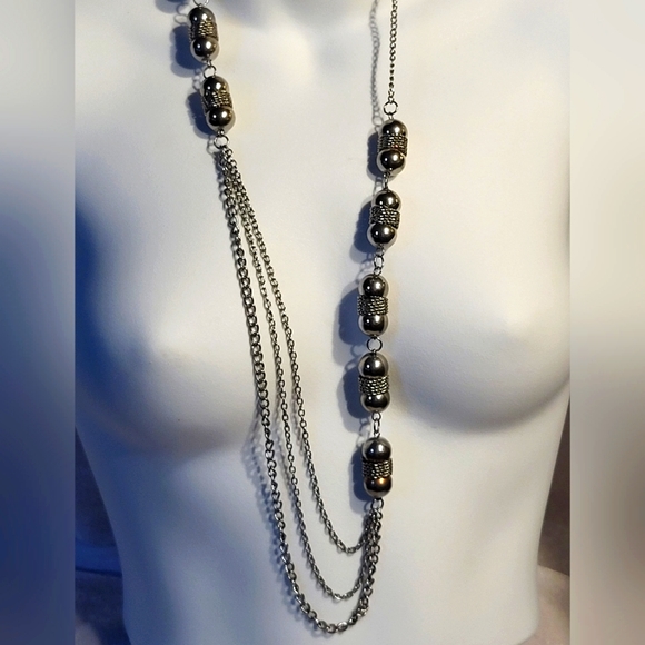 Funky Silver Tone Metal Beaded Long Necklace - Picture 2 of 4